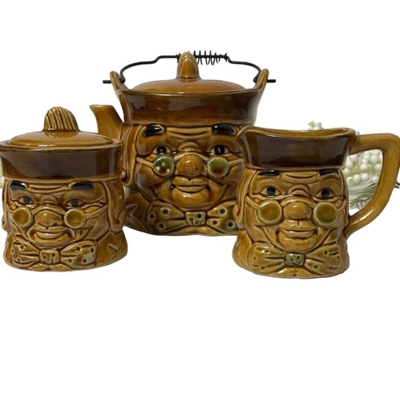 Teapot 1950’s Toby Style Set Japan Ben Franklin Cream Sugar - Picture 1 of 17